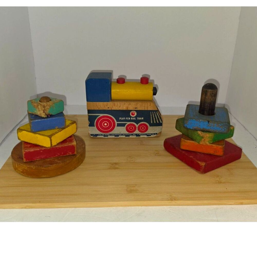 Vintage Wooden Toy Lot of 3 1950s Play-Pen Rail Train Geometric Block Stackers